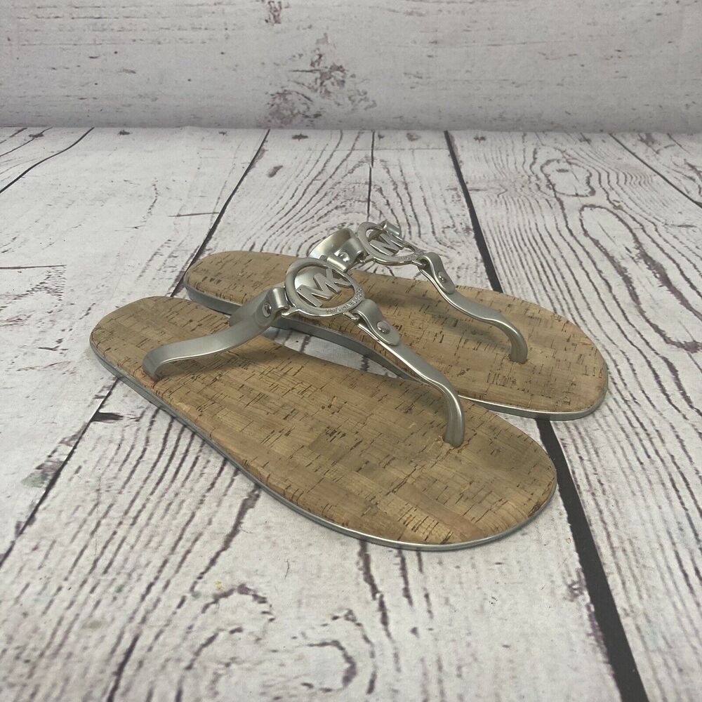Michael Kors Sandals Womens 9M Silver Gray Thong Logo‎ Shoe Beachy